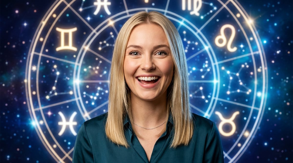 Editorial portrait photo of a young blonde woman with straight hair, looking at camera with amazed a