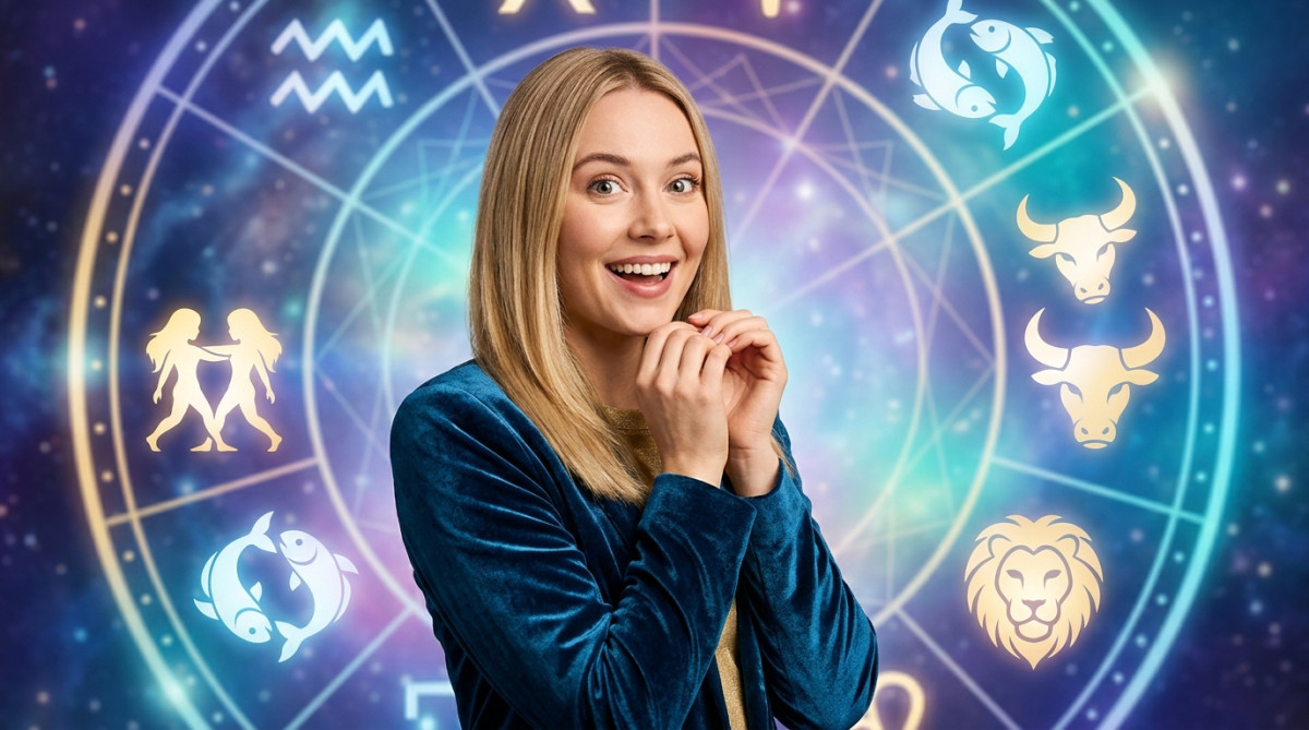 Editorial portrait photo of a young blonde woman with straight hair, looking at camera with amazed a
