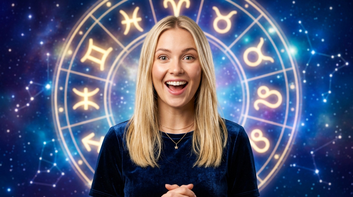 Editorial portrait photo of a young blonde woman with straight hair, looking at camera with amazed a