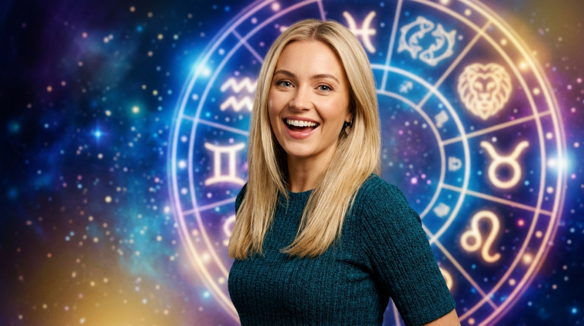 Editorial portrait photo of a young blonde woman with straight hair, looking at camera with amazed a