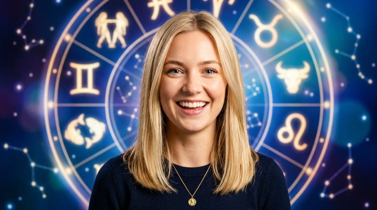 Editorial portrait photo of a young blonde woman with straight hair, looking at camera with amazed a