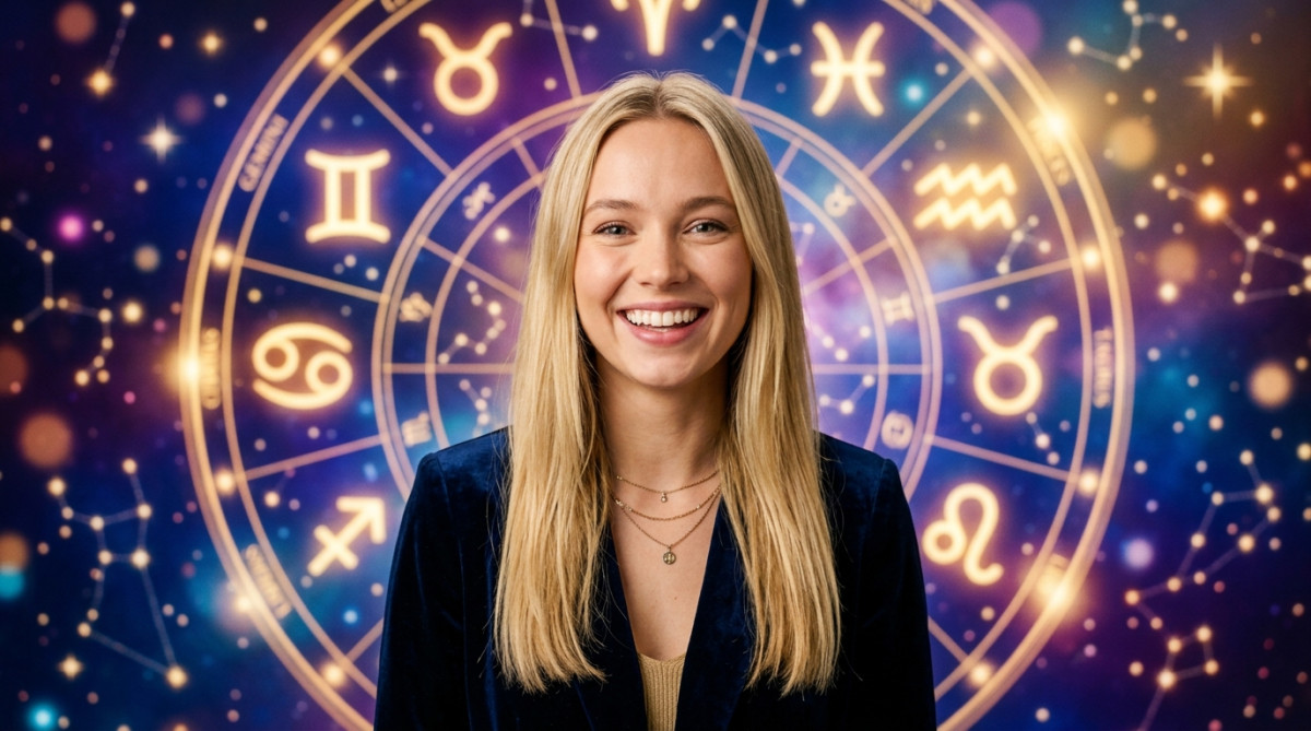 Editorial portrait photo of a young blonde woman with straight hair, looking at camera with amazed a