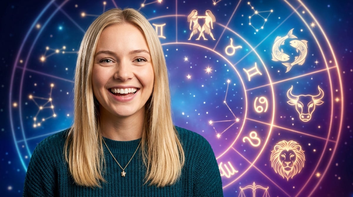 Editorial portrait photo of a young blonde woman with straight hair, looking at camera with amazed a