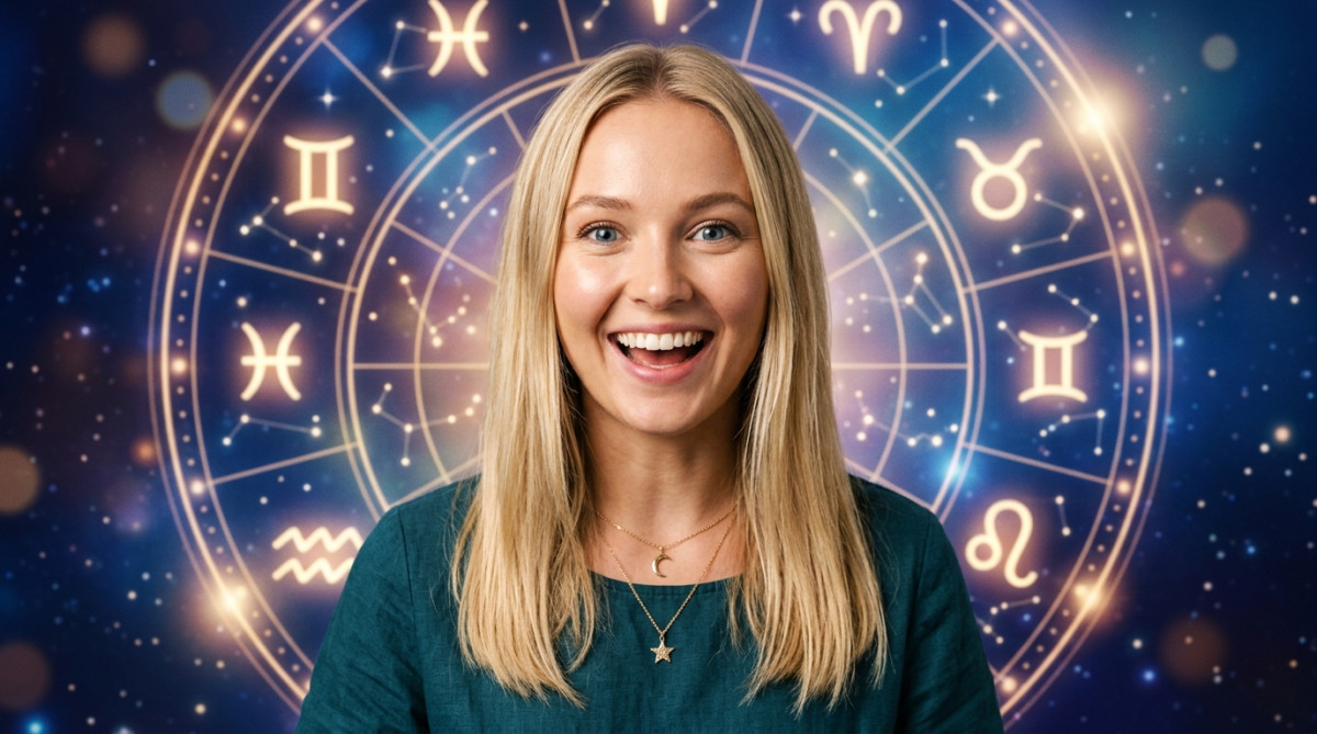 Editorial portrait photo of a young blonde woman with straight hair, looking at camera with amazed a