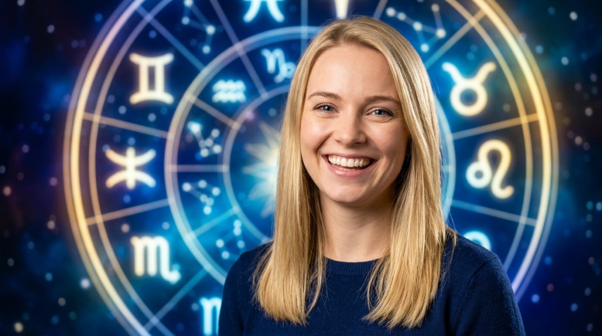 Editorial portrait photo of a young blonde woman with straight hair, looking at camera with amazed a