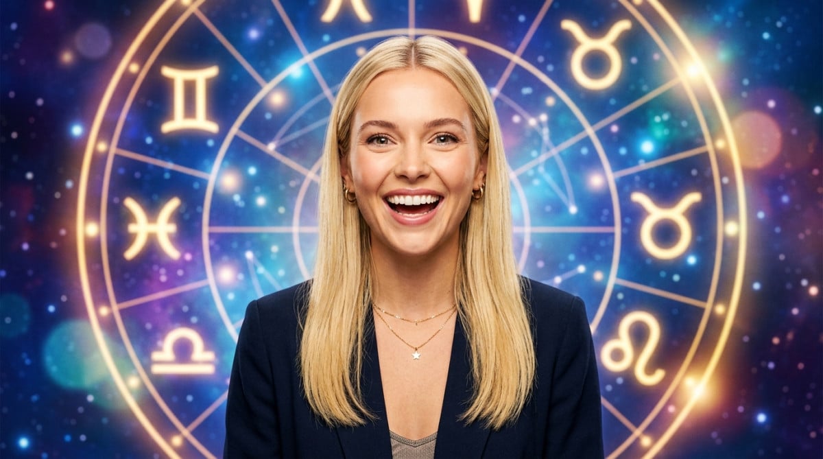 Editorial portrait photo of a young blonde woman with straight hair, looking at camera with amazed a