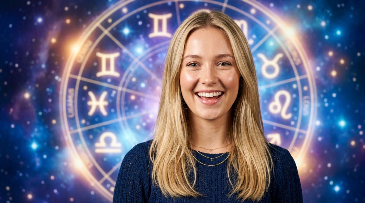 Editorial portrait photo of a young blonde woman with straight hair, looking at camera with amazed a