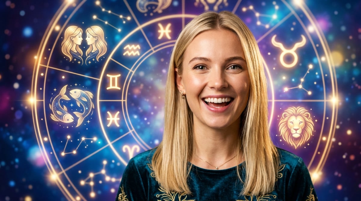 Editorial portrait photo of a young blonde woman with straight hair, looking at camera with amazed a