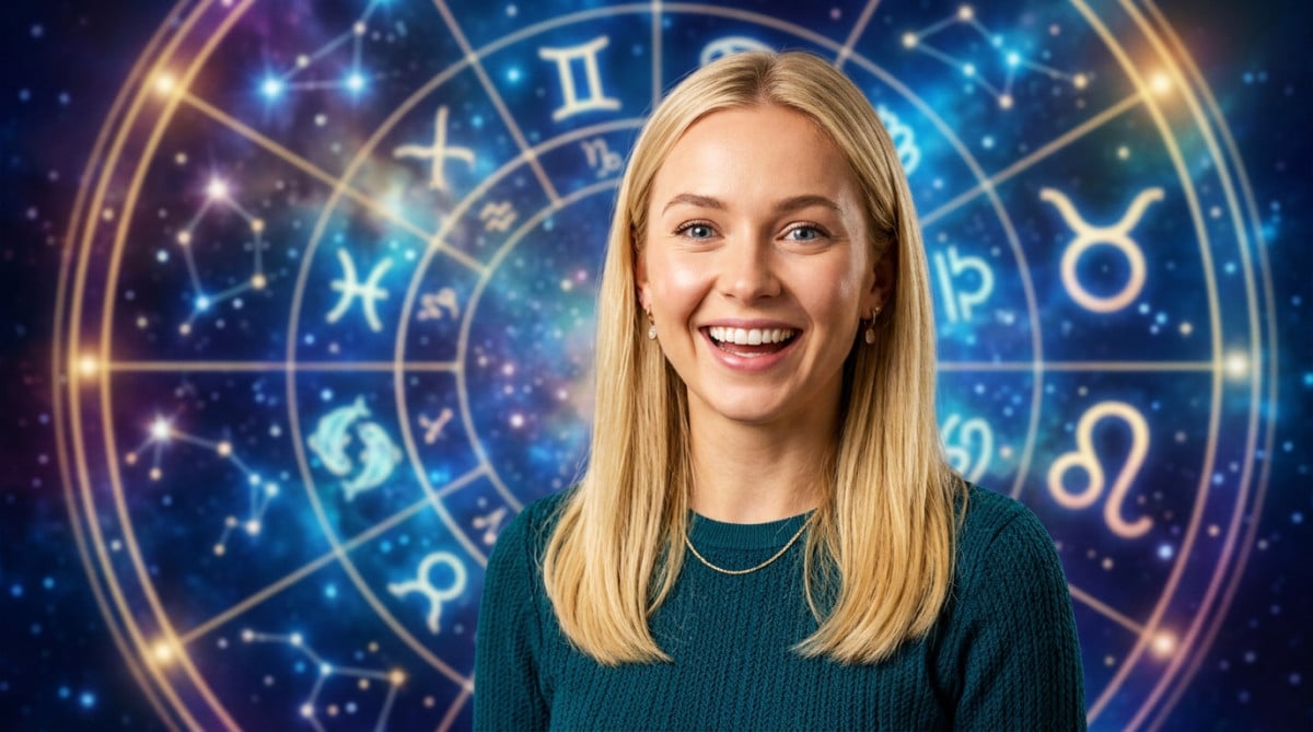 Editorial portrait photo of a young blonde woman with straight hair, looking at camera with amazed a