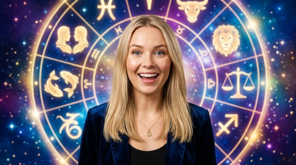 Editorial portrait photo of a young blonde woman with straight hair, looking at camera with amazed a