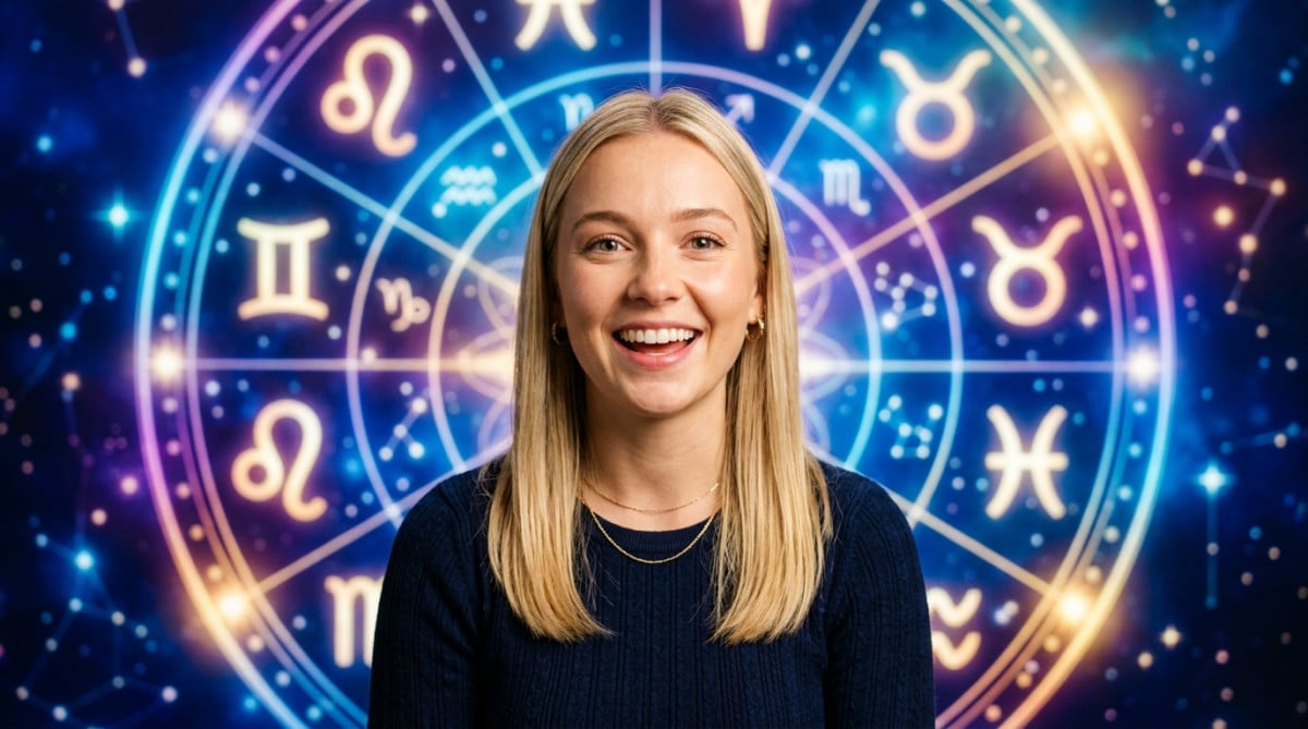 Editorial portrait photo of a young blonde woman with straight hair, looking at camera with amazed a