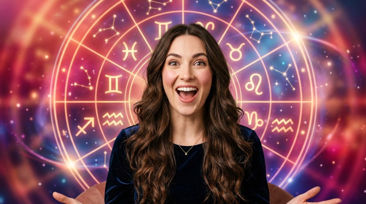Editorial portrait photo of a young brunette woman with long hair, looking at camera with shocked an