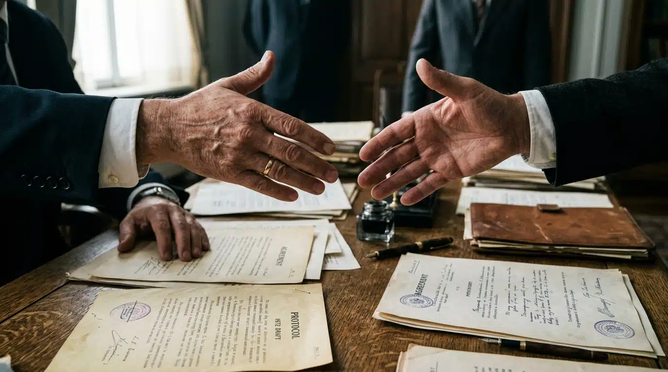 Mains se séparant au-dessus de documents politiques anciens