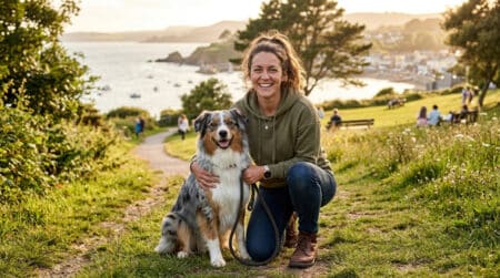 Éducatrice canine avec son chien dans un parc à Biarritz