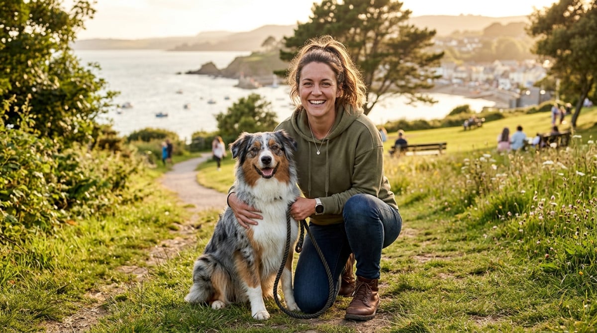 Éducatrice canine avec son chien dans un parc à Biarritz