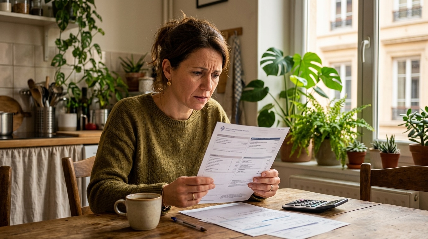 Femme inquiète consultant sa facture d'électricité à table