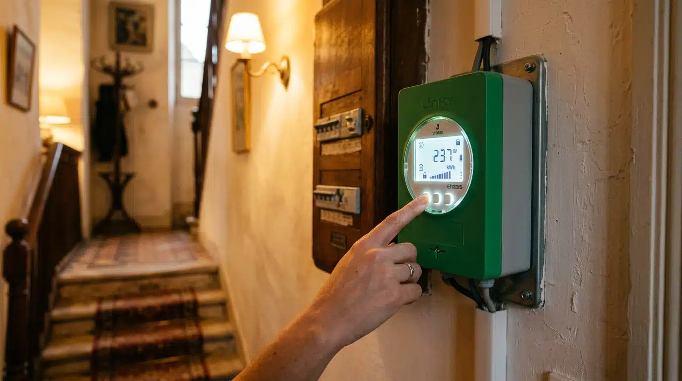 Main réglant un compteur Linky dans un couloir