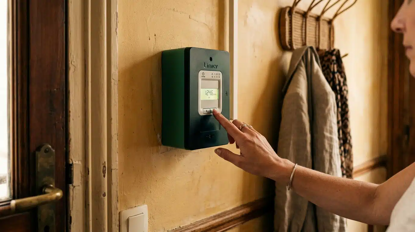 Main réglant un compteur Linky sur un mur