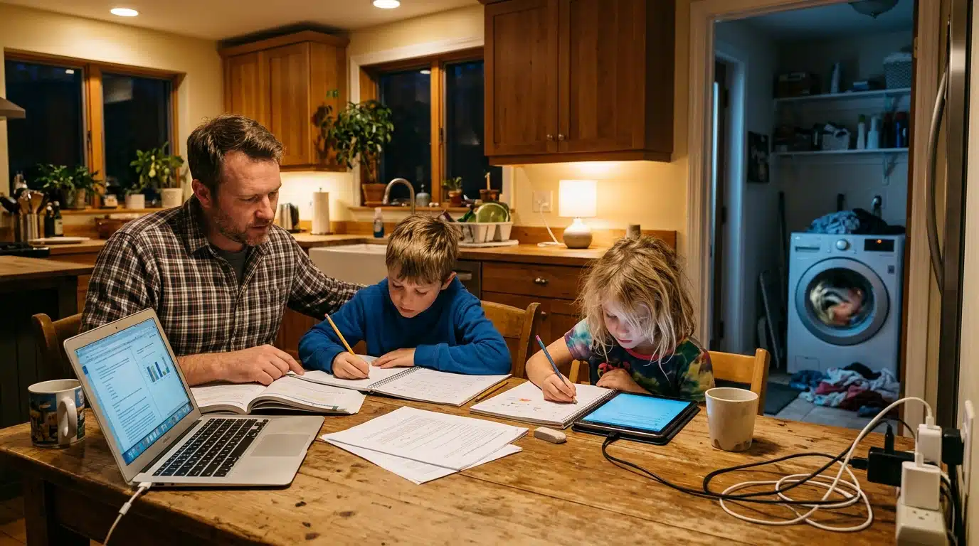Famille utilisant des appareils électriques en soirée