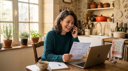 Femme au téléphone négociant sa facture d'électricité