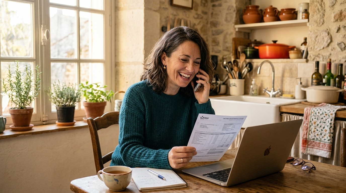 Femme au téléphone négociant sa facture d'électricité