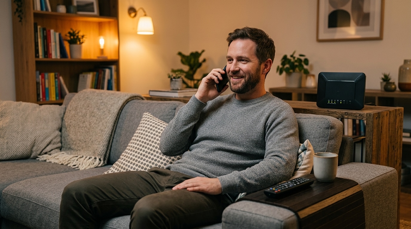 Homme au téléphone pour résilier sa box internet