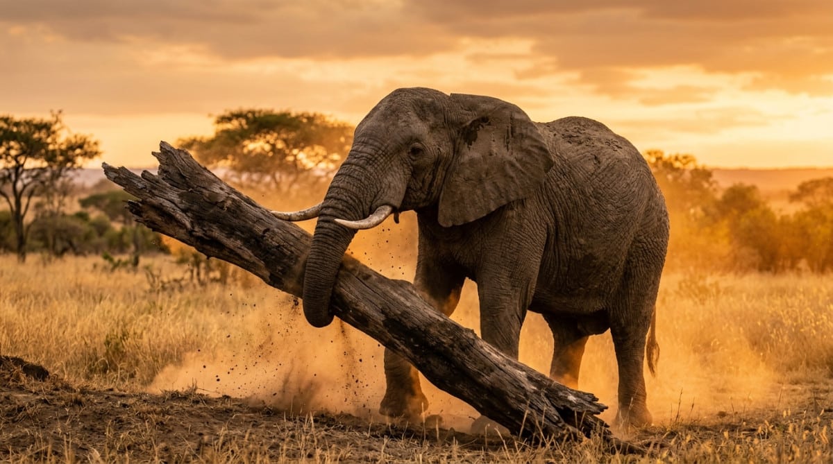 Éléphant soulevant un tronc d'arbre avec sa trompe