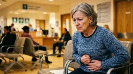 Femme inquiète dans une salle d'attente d'hôpital