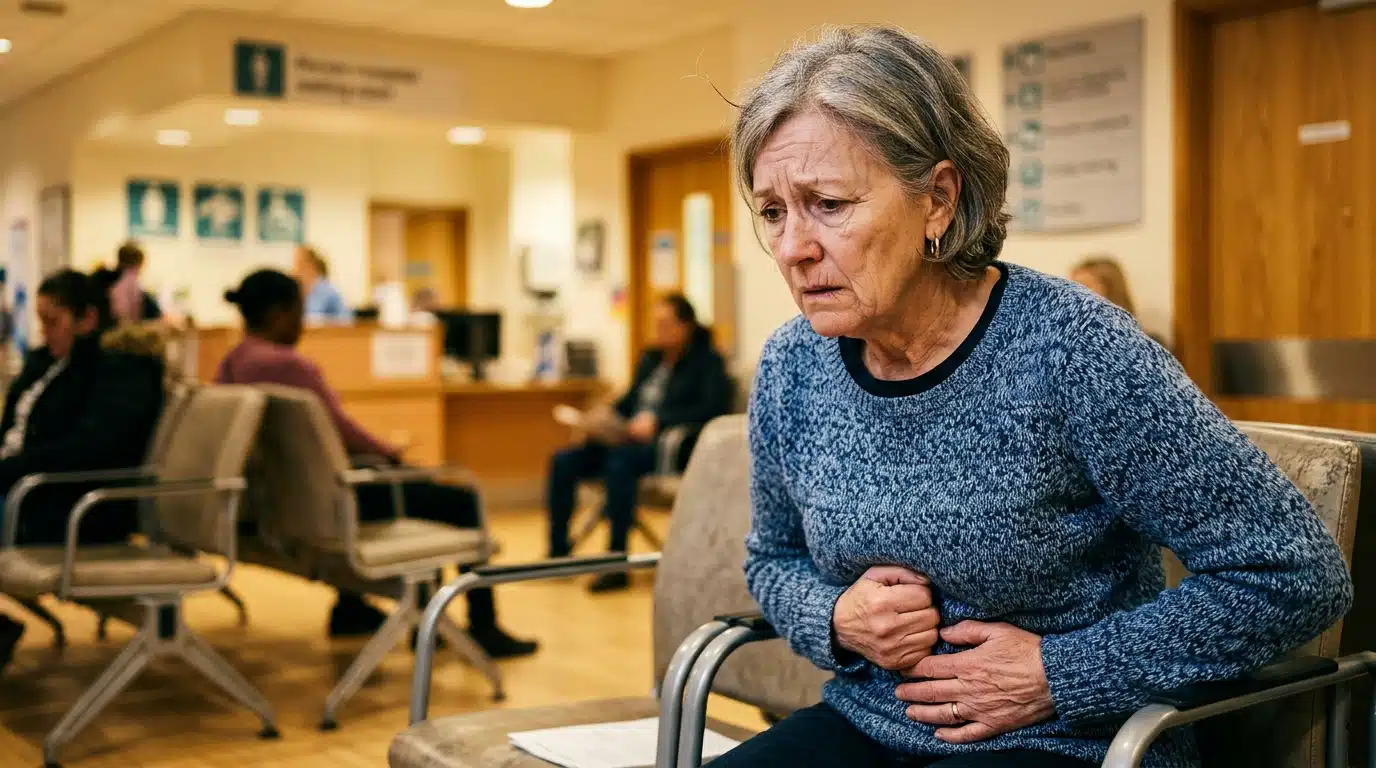 Femme inquiète dans une salle d'attente d'hôpital
