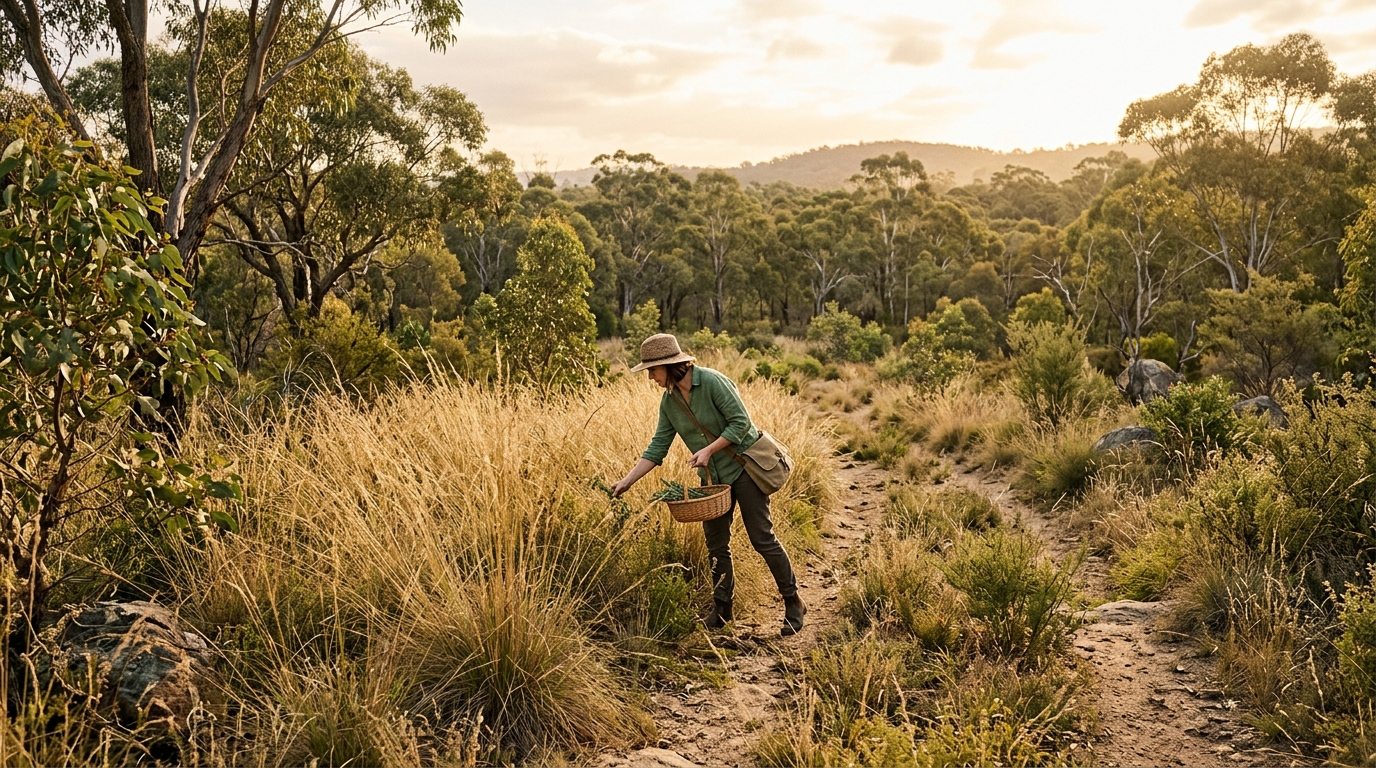 Femme cueillant des plantes sauvages en Australie