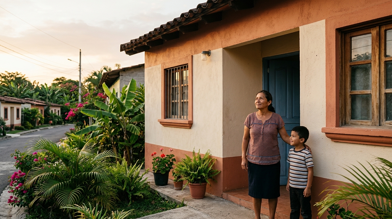 Maison modeste peinte au Costa Rica avec mère et enfant