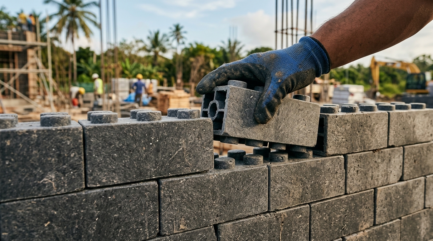 Blocs de plastique recyclé empilés sur chantier