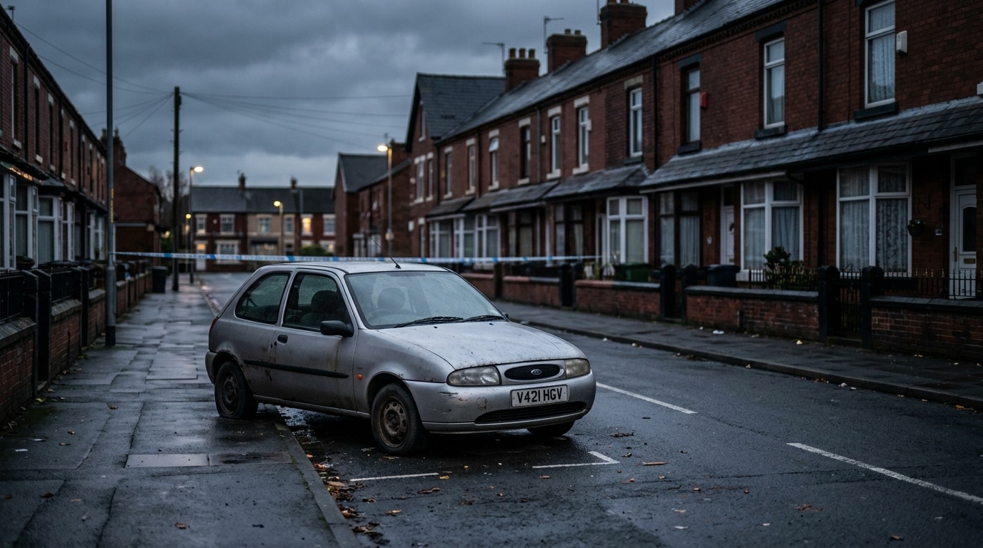 Voiture berline argentée abandonnée dans une rue résidentielle