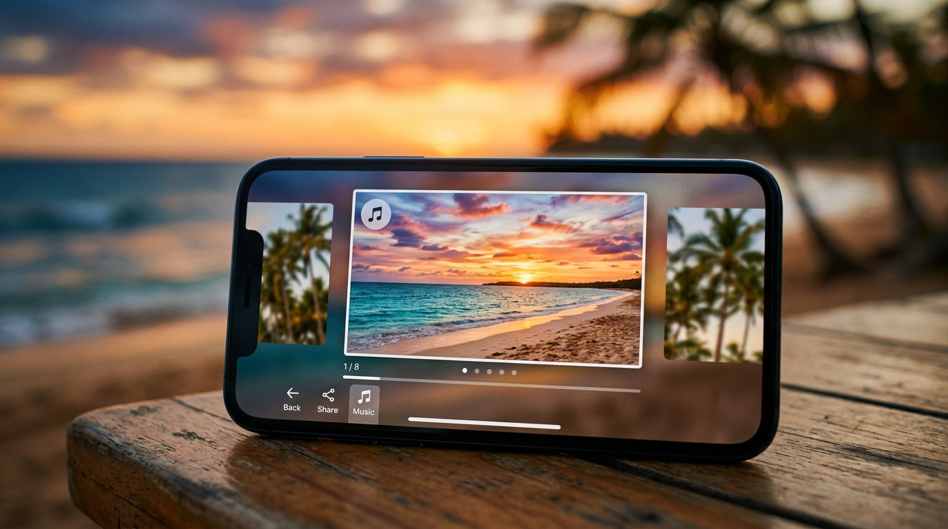 Smartphone affichant un diaporama de photos de vacances avec icône musicale