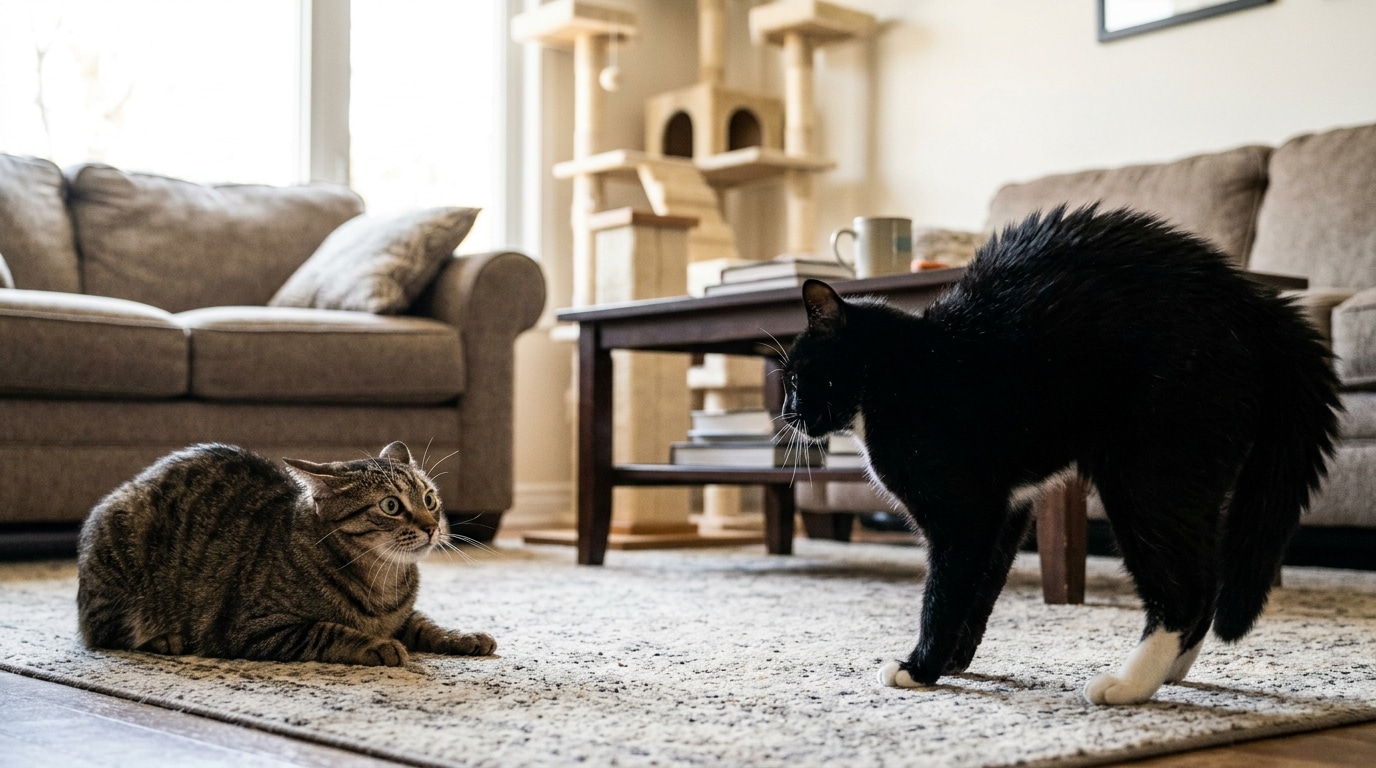 Deux chats se toisant avec méfiance dans un salon