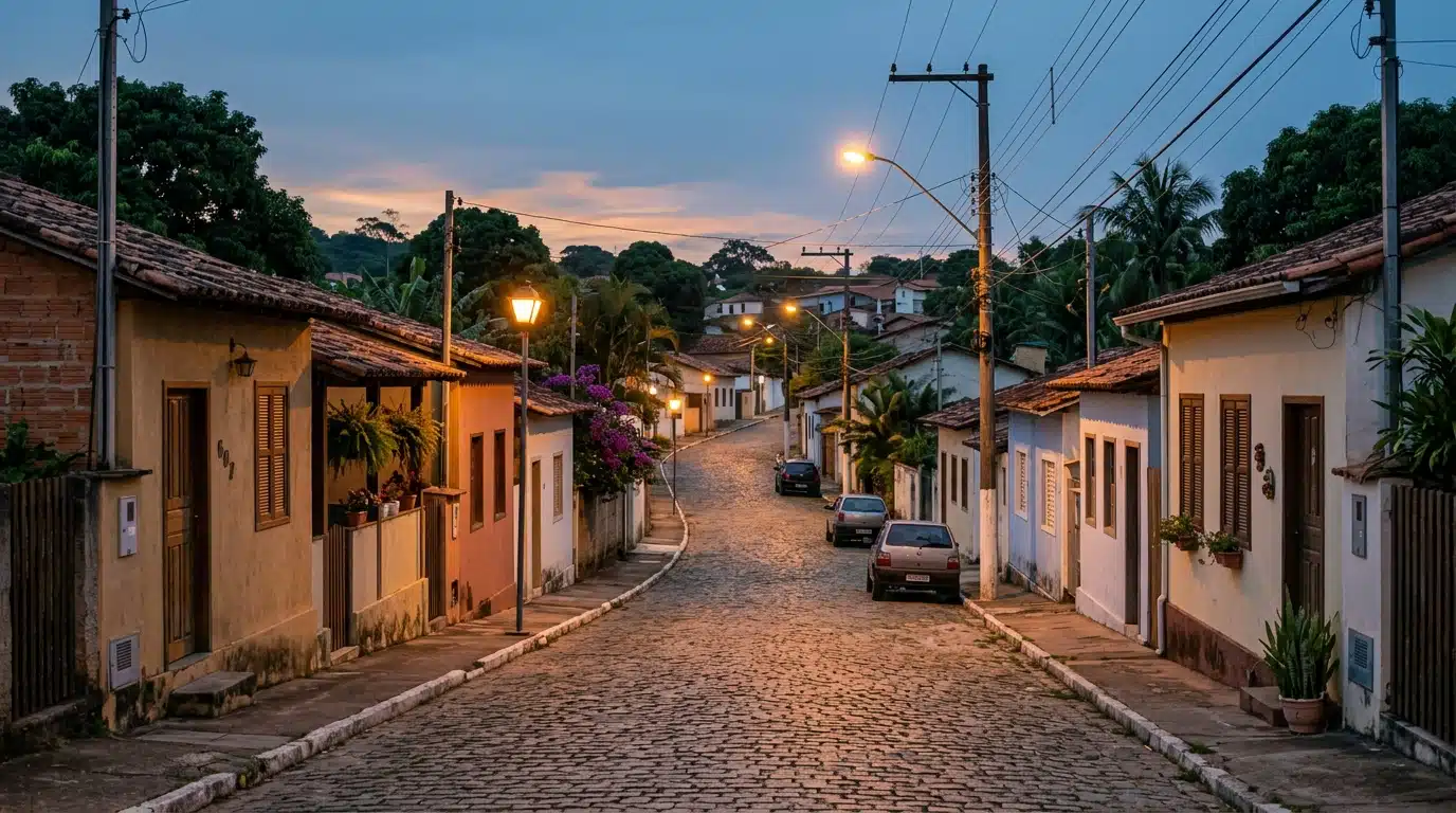 Rue résidentielle brésilienne au crépuscule, quartier calme d'Encantado