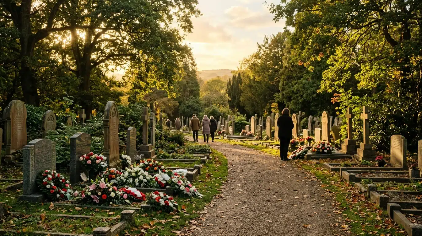 Cimetière communautaire avec fleurs déposées, lumière chaleureuse