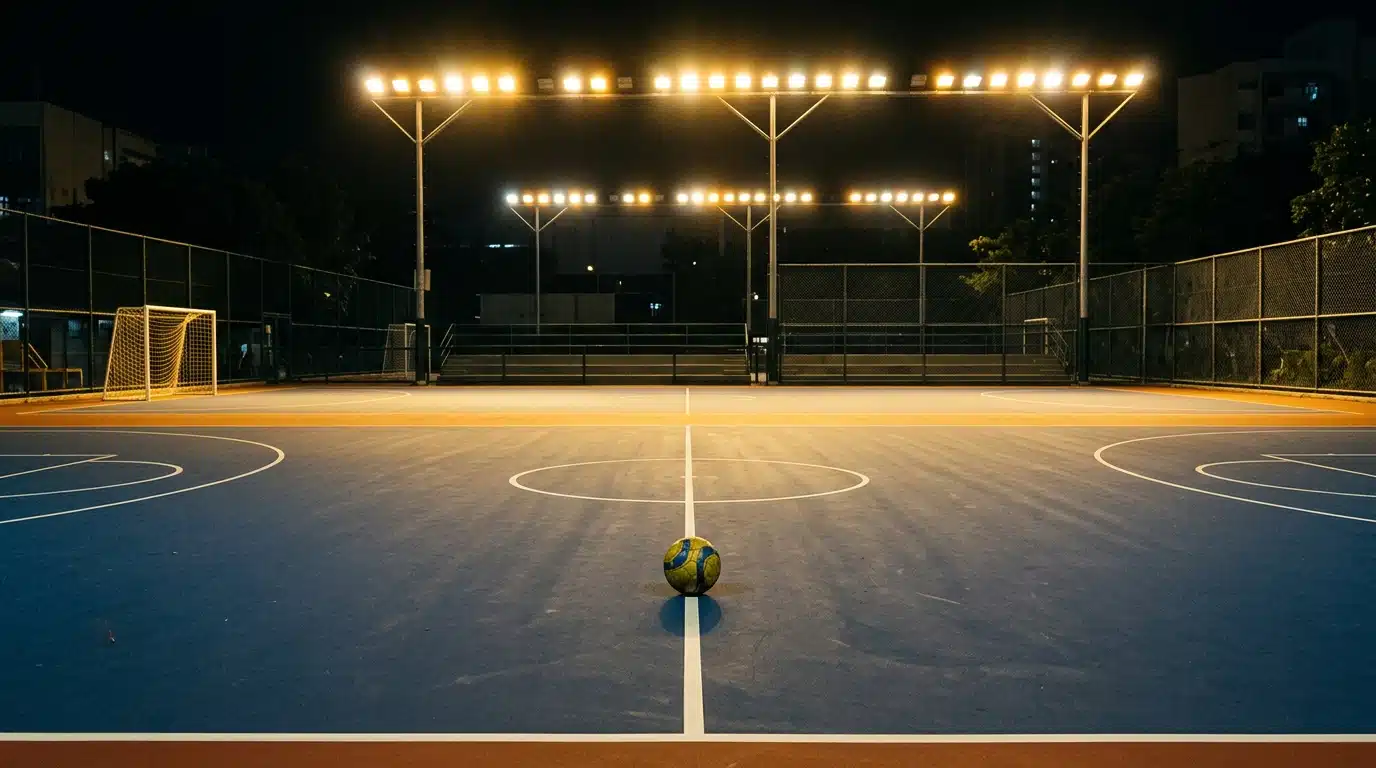Terrain de futsal vide et éclairé la nuit, ballon abandonné