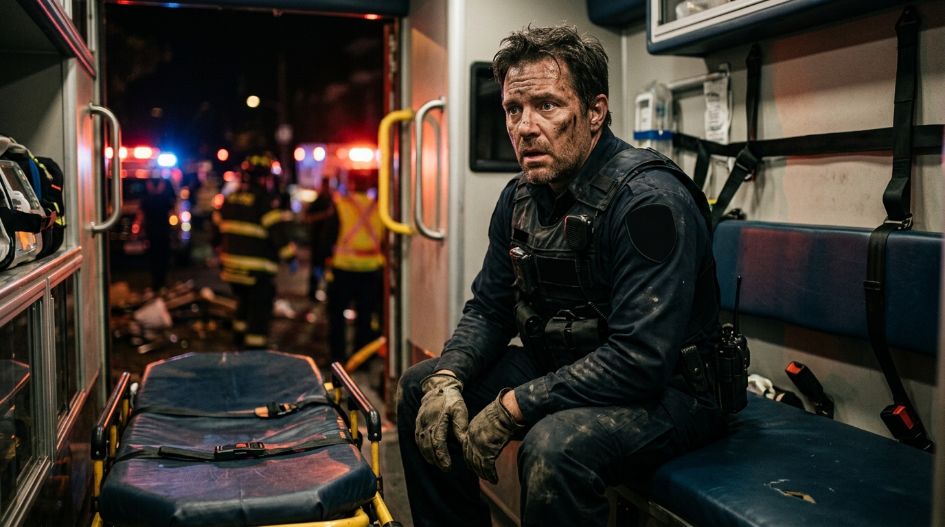 Policier assis près d'une ambulance après une explosion