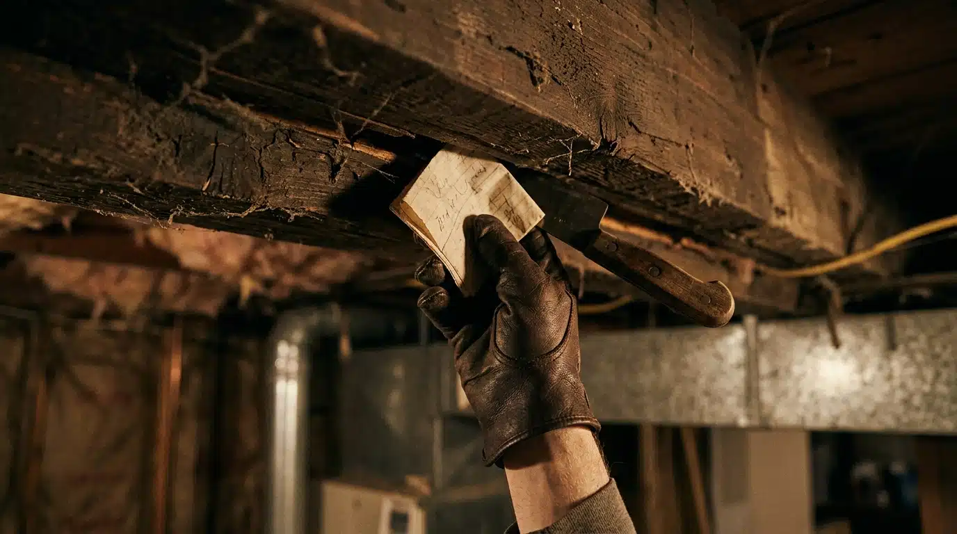 Couteau et lettre manuscrite cachés dans un plafond