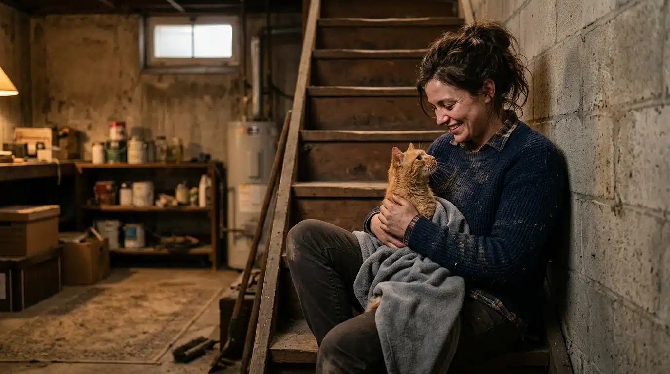 Femme retrouvant son chat après la découverte