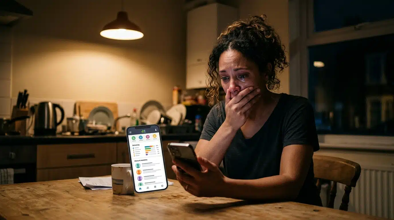 Femme choquée devant un résultat de test ADN sur son téléphone