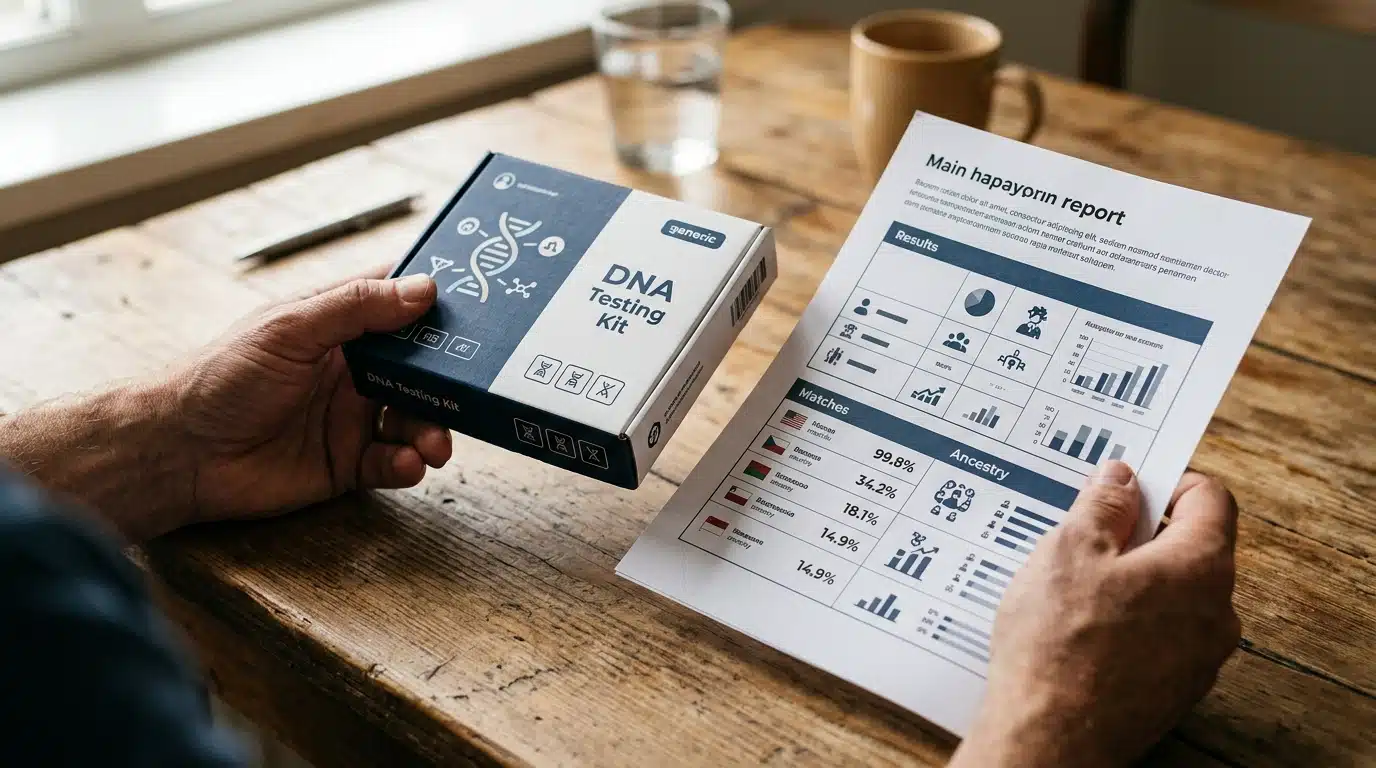 Kit de test ADN et rapport de correspondance génétique sur un bureau