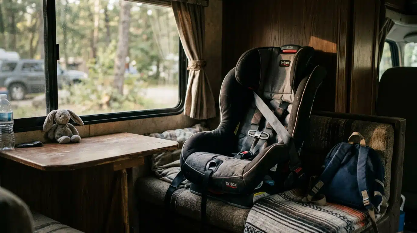 Siège auto d'enfant vide à l'intérieur d'une caravane