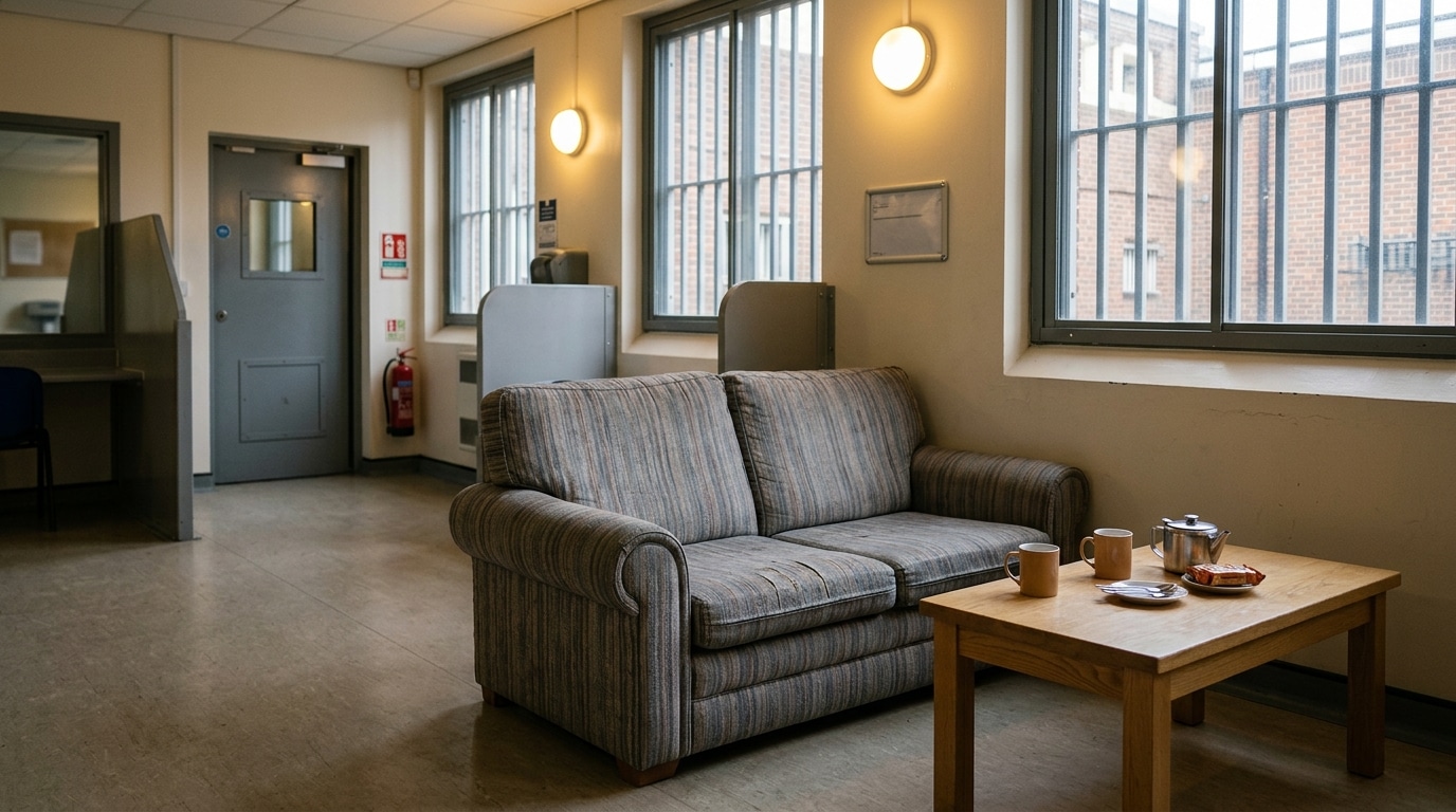 Salle des visites de prison avec canapé double et lumière chaleureuse