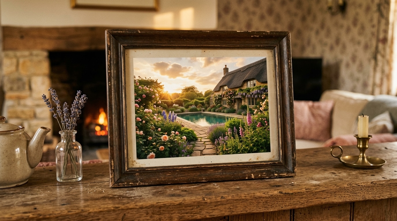 Cadre photo nostalgique évoquant un jardin anglais et une piscine