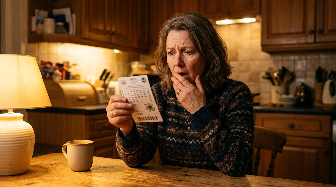 Femme choquée en tenant son ticket de loterie