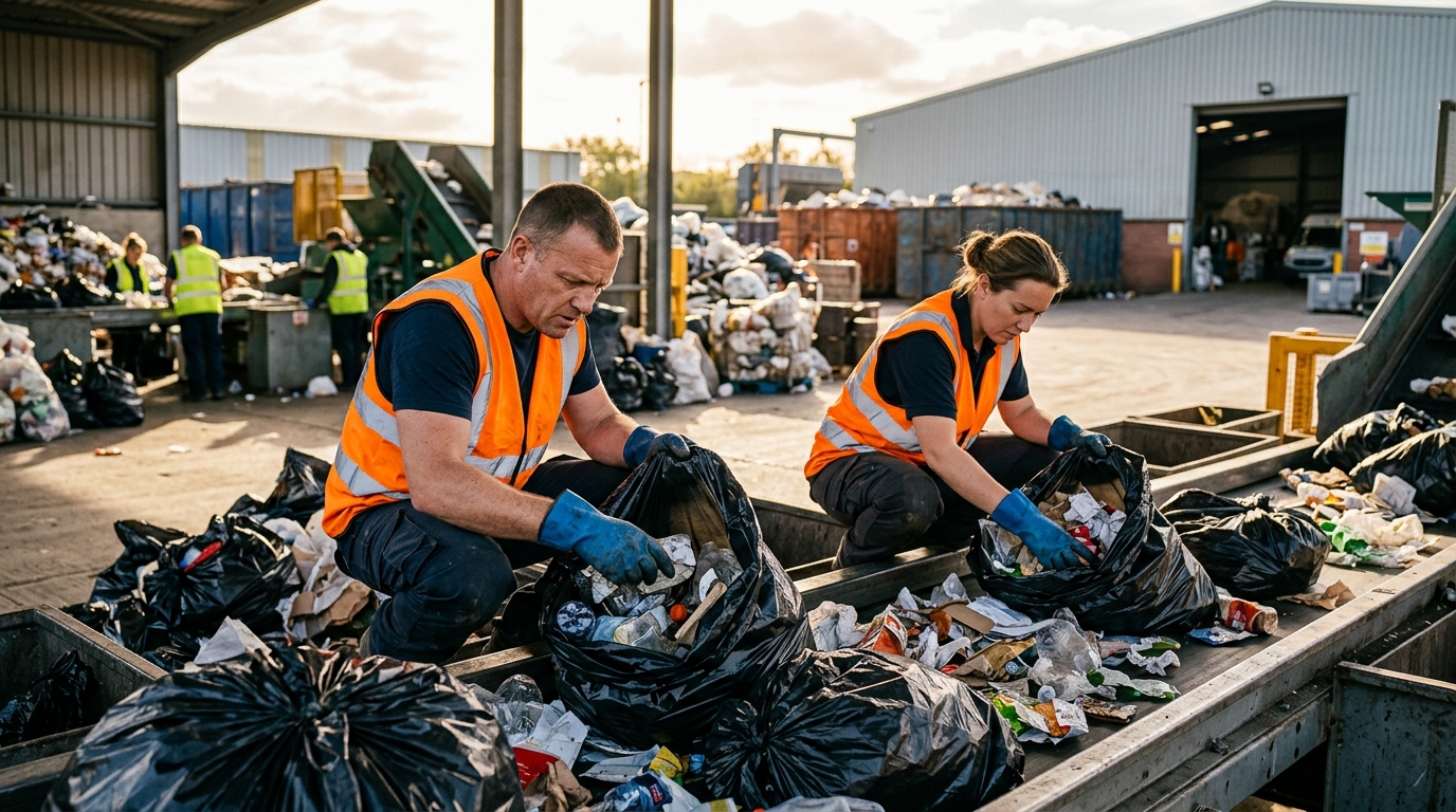Éboueurs fouillant des sacs poubelles au centre de tri