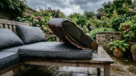 Coussin de jardin trempé soulevé après un orage d'été
