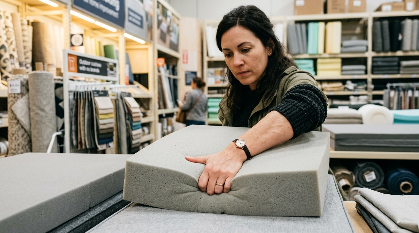 Main testant la densité d'une mousse de coussin en magasin
